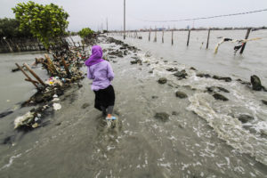 2018年2月，印度尼西亚中爪哇，一名女子走过因海平面上升而损坏的堤岸。