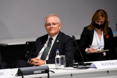 澳大利亚总理斯科特莫里森在苏格兰格拉斯哥的联合国气候会议上。澳大利亚在20世纪40年代，澳大利亚并没有加入淘汰煤炭的承诺。