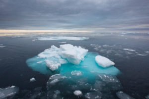 冰在挪威北极岛和格陵兰之间的弗拉姆海峡中漂移。