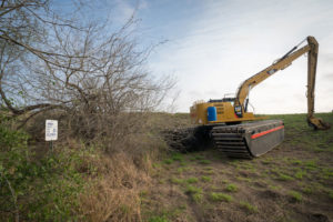 一个挖掘机将树木清理为La Parida Banco的边界墙，这是下里奥格兰德谷国家野生动物保护区的一部分。