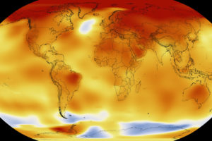 2016年全球温度异常,红色代表地区2摄氏度的温度比20世纪的意思是,和蓝色2度以下的意思。