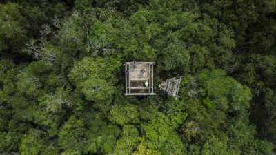 在玛雅生物圈保护区的Uaxactun特许权的一个塔的鸟瞰图，社区成员用来监测森林火灾。