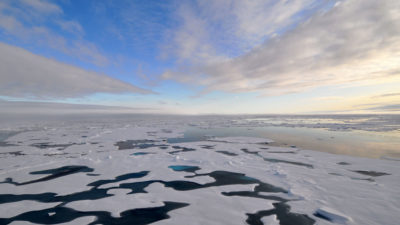 2009年8月，北冰洋海冰上的融化池。
