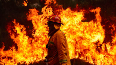 一名消防人员致力于11月在澳大利亚悉尼的大火中控制大火。