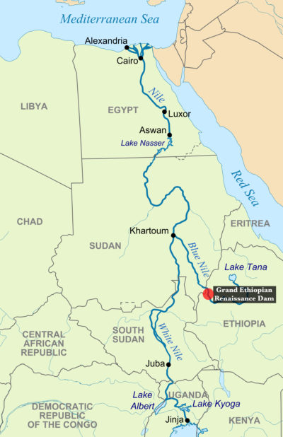埃塞俄比亚复兴大坝正在埃塞俄比亚-苏丹边境的青尼罗河上修建，该大坝为埃及提供了59%的水资源。