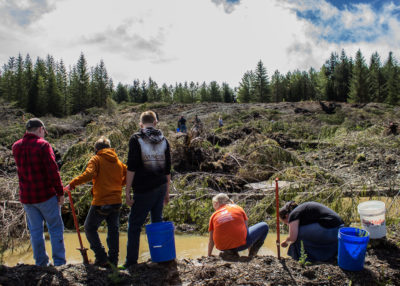 西弗吉尼亚学童检查了在作弊山上新创建的春季池塘，旨在吸引野生动植物和过滤器径流。Chris Barton（右），Green Forests Work的联合创始人，在作弊山区矿场。