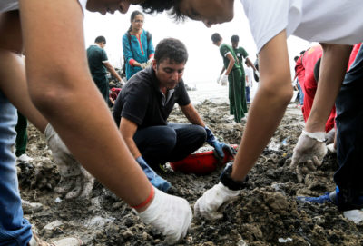 自2016年以来，环保人士阿弗罗兹·沙阿(中心)组织的志愿者从孟买Versova海滩捡拾了约3500万磅垃圾，其中95%是塑料。