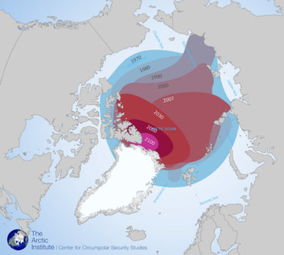 北极夏季海冰范围，基于历史卫星记录和气候模拟到2100年。