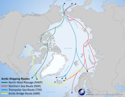 随着全球变暖，北极夏季海冰减少，多条航线向货船开放。“西北航道”、“北海航道”和“跨极海航道”是三大航道。​​