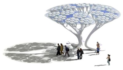 树足概念(上图)是各种碳捕获技术中的一种，它们像人工树木一样，通过树冠吸收空气中的二氧化碳。