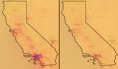 二氧化氮水平（左）和（右）在全家订单之后生效。深色颜色表明更多的污染。