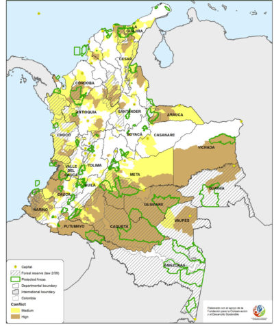 单击地图放大。哥伦比亚的许多国家保护区都在内战52年期间发生冲突的地区。