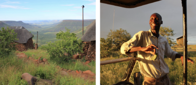 左:旅游别墅在纳米比亚西北部俯瞰Khoadi-Hoas保护。右:沙漠犀牛营地指导Makumbi Swenyeho。
