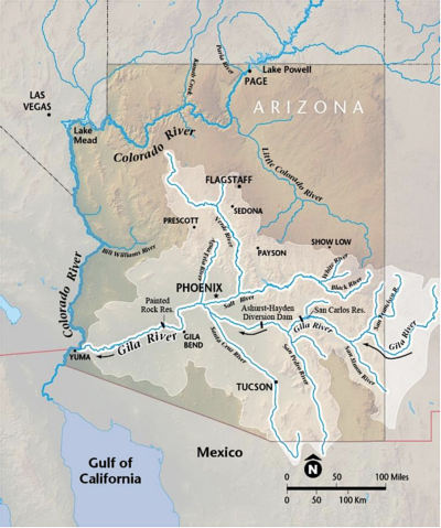 吉拉河（Gila River）从亚利桑那州的新墨西哥州南部山区到科罗拉多河。