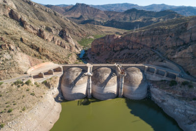 这Coolidge Dam in Arizona forms the San Carlos Reservoir, which is now at historic lows.
