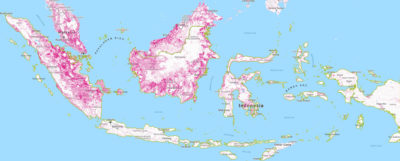 Forest loss (areas in pink) in Indonesia from 2001 to 2016.