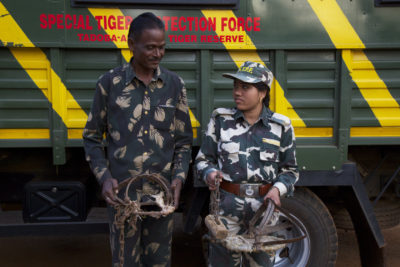 政府警卫在印度老虎保护区外面的缓冲区中发现了金属颌陷阱。
