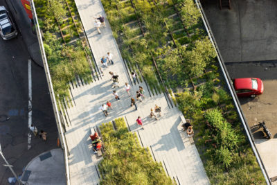 纽约市高线公园，以前是一条高架铁路，现在变成了1.5英里长，种植着本地和非本地植物的公园。