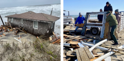 左:在Rodanthe倒塌的房子,3月份北卡罗莱纳。右:Hallac(右二)和志愿者清楚房子碎片在2022年2月。
