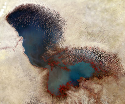乍得湖的卫星图像在1973年(左)和2017年(右)向湖的收缩。地区植被覆盖在红色阴影。