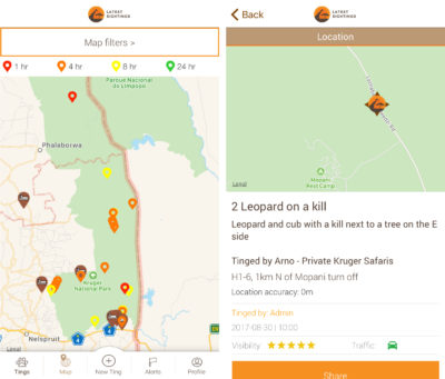 这款名为“最新目击”(Latest目击)的应用程序实时绘制了游客在南非克鲁格国家公园看到的野生动物。