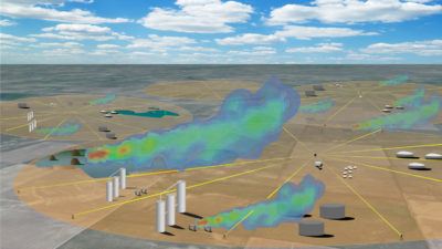 长径技术公司(LongPath Technologies)的频率梳激光器将激光束发送到油气田，检测气体云并测量泄漏的大小。
