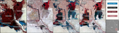 假彩色卫星图像在1972年的美索不达米亚湿地;2003年,被萨达姆·侯赛因排后;2019年5月,后部分恢复;2022年5月,在第三年的严重干旱。来源:陆地卫星1通过美国地质调查局。