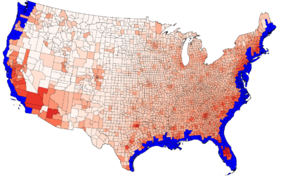 将会受到六英尺海平面上升影响的美国县被蓝色阴影。内陆县根据从沿海地区收到多少移民的红色遮蔽。