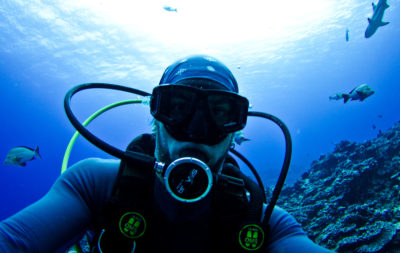生物学家迈克·吉尔（Mike Gil）在法属波利尼西亚潜水。