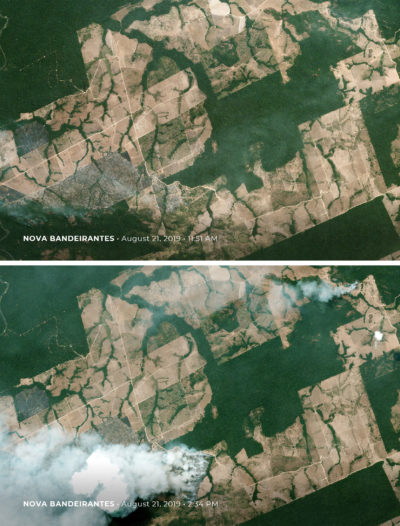 8月21日，巴西马托格罗索州的诺瓦班德兰特斯市发生新的火灾，火灾发生前后几小时拍摄的照片。