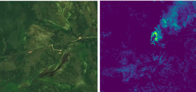 卫星图像显示，2019年9月6日，俄罗斯天然气管道(左)和大量甲烷(右)正在从管道中排放。