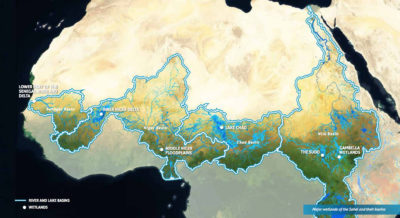 非洲萨赫勒地区的主要湿地和流域。