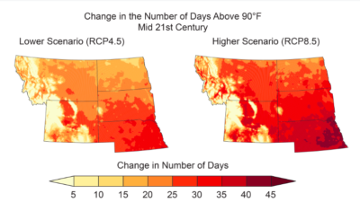 图中显示了21世纪中期每年极热日数和强降水事件的预测变化。