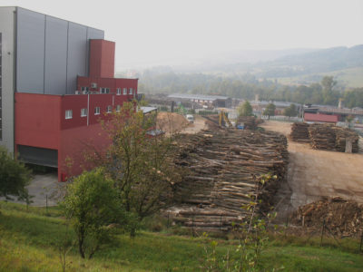 日志等待处理的木颗粒在Bardejov斯洛伐克。估计每年有1000万立方米的木材是记录的森林。