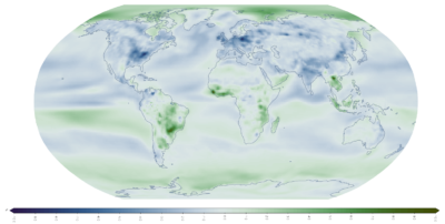 预计的平均风速在1.5度C的温暖下变化。蓝色表示较慢的风，绿色更快。