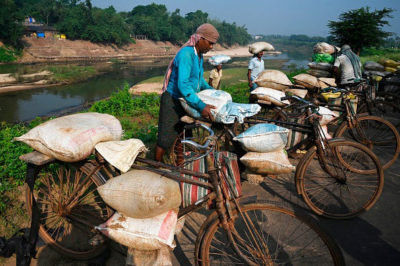 工人们把从康萨巴蒂河运来的沙子装在自行车上，这些沙子将用于加尔各答附近城镇的建筑工程。