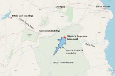 地图Stiegler的峡谷大坝,其背后的巨大水库被创建。