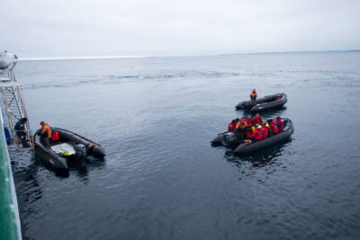 疏散工作是在8月25日用Zodiacs完成的，如果船附近有大风和冰，这是一个不可能的救援选择。